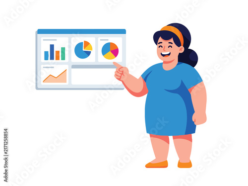 Happy Woman Pointing at Analytics Dashboard