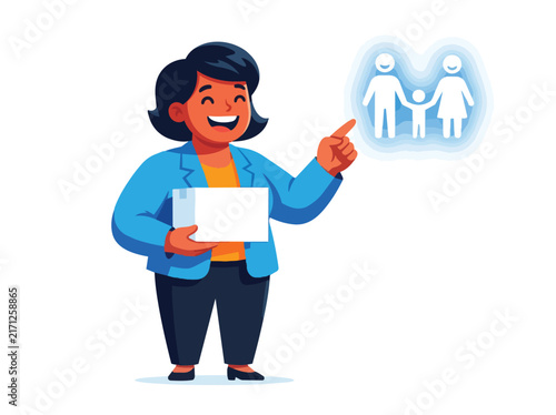 Happy woman pointing at family illustration