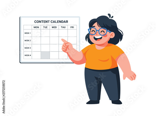 Happy Woman Pointing Content Calendar