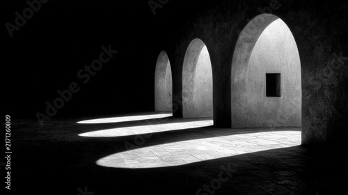 Minimalist black and white photo of narrow arches in an old courtyard, featuring layered lines of light and shadow across the stone floor