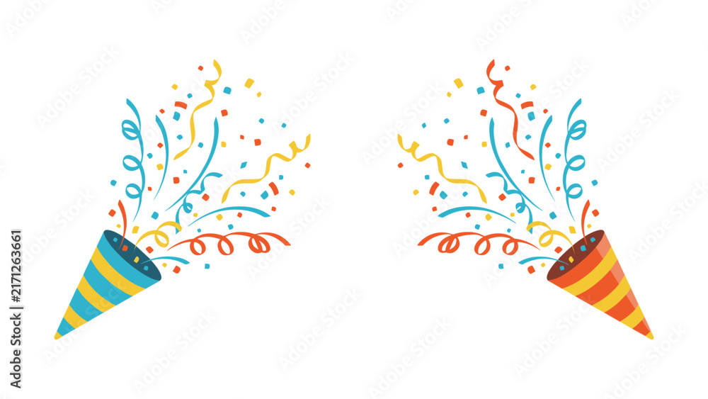 Obraz premium Two party poppers with exploding colorful confetti and streamers, flat on white background celebration