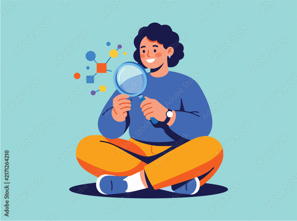 Naklejka premium Person examining colorful abstract elements with magnifier