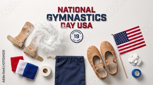 National Gymnastics Day USA flat lay, professional gymnastics equipment and gear on white background, athletic sports celebration