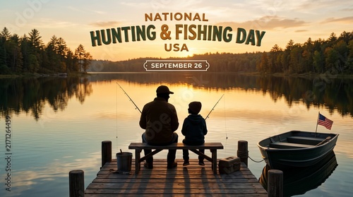 National Hunting and Fishing Day USA banner, father and son fishing on wooden pier at sunset, outdoor recreation and conservation concept