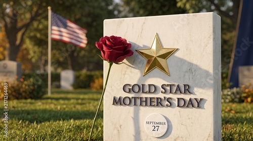Gold Star Mother's Day memorial headstone, September 27 military tribute with red rose, patriotic cemetery honor with American flag
