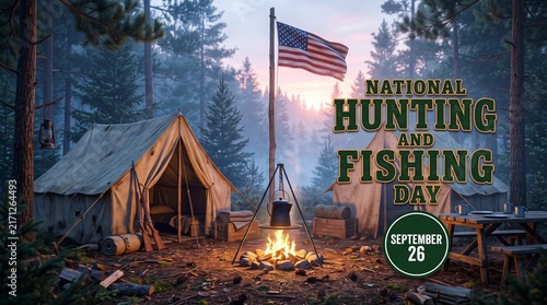 National Hunting and Fishing Day poster, rustic forest campsite with American flag, outdoor adventure scene for September 26