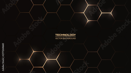 Hexagon technology black and gold colored honeycomb abstract background. Vector illustration
