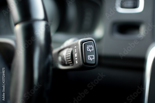 Close-up of Volvo right steering column stalk with windshield and rear wiper controls