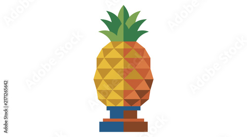 A geometric pineapple sculpture made of ceramic material stands centered against a plain white background with sculpture split color solid base