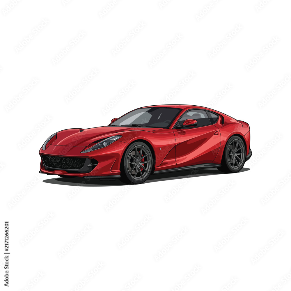 Naklejka premium Red luxury sports car illustration, modern high performance coupe vehicle isolated on white.