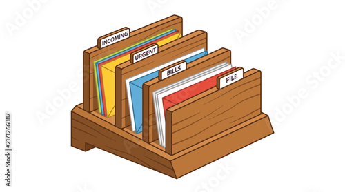 A wooden desktop mail sorter organizer with labeled compartments with compartments organizing incoming urgent items bills administration correspondence