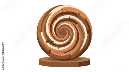 A stylized wooden spiral sculpture displayed on a simple flat circular base against white background with sculpture with sculpture