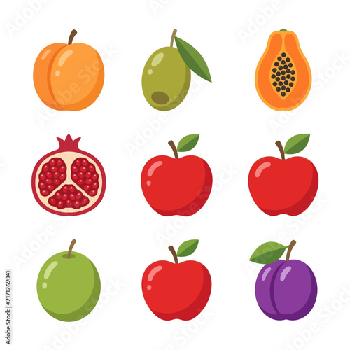 Assortment of Fresh Fruits and Olive: Peach, Papaya, Pomegranate, Apples, Plum