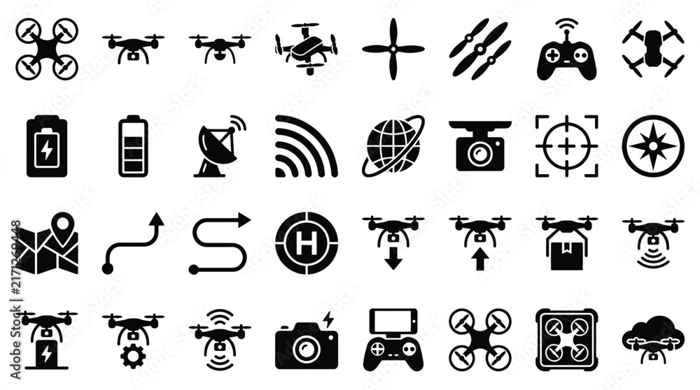 Fototapeta premium Drone technology icons collection, quadcopters controllers batteries navigation and aerial photography equipment symbols for UAV technology and digital design projects