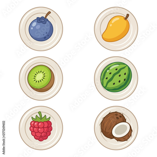 Assortment of Fresh Fruits on Plates: Blueberry, Mango, Kiwi, Watermelon, Raspberry, Coconut