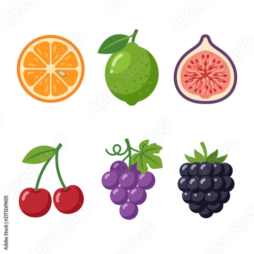 Assortment of Fresh Fruits: Orange, Lime, Fig, Cherry, Grapes, Blackberry