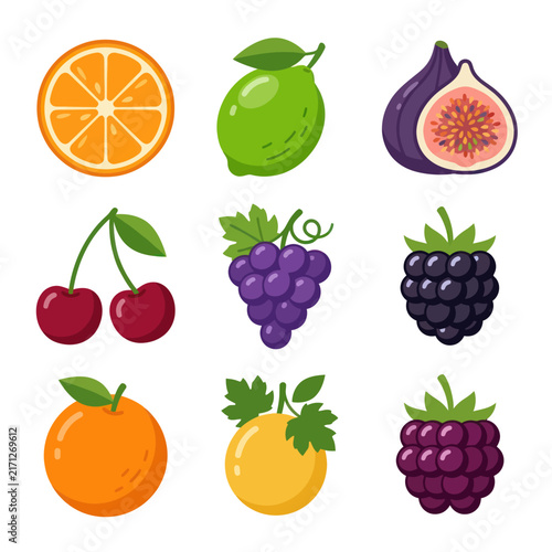 Assortment of Fresh Fruits: Orange, Lime, Fig, Cherries, Grapes, Blackberry, Plum