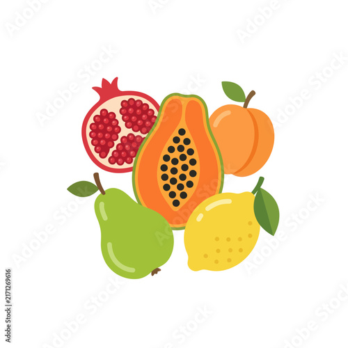 Assortment of Fresh Fruits: Papaya, Pomegranate, Pear, Lemon, Apricot