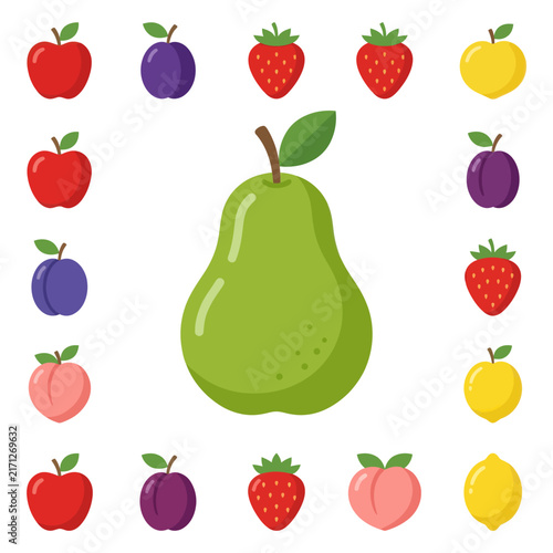 Assortment of Fresh Fruits: Pear, Apples, Strawberries, Peaches, Plums, Lemon