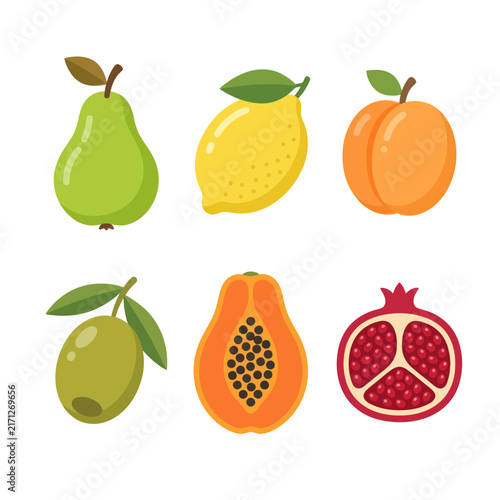 Assortment of Fresh Fruits: Pear, Lemon, Apricot, Olive, Papaya, Pomegranate