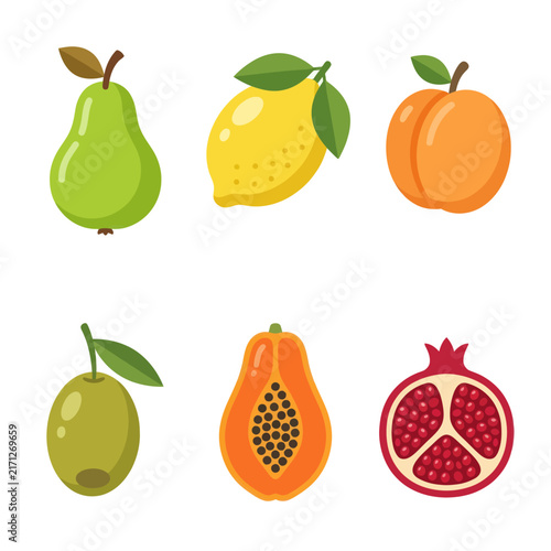 Assortment of Fresh Fruits: Pear, Lemon, Apricot, Olive, Papaya, Pomegranate