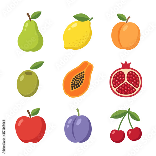 Assortment of Fresh Fruits: Pear, Lemon, Apricot, Olive, Papaya, Pomegranate, Apple, Plum, Cherries