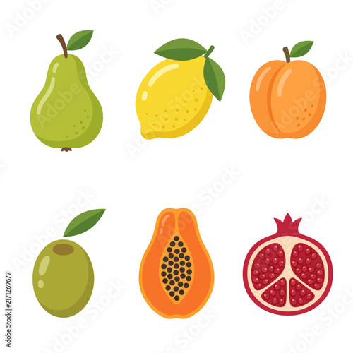 Assortment of Fresh Fruits: Pear, Lemon, Apricot, Olive, Papaya, Pomegranate