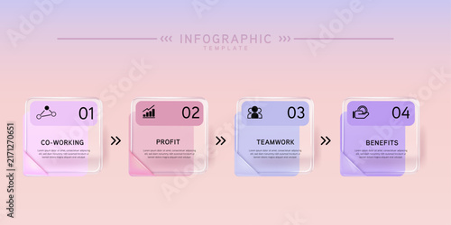Infographic labels with icons and Neomorphism 4 step. Liquid glass and Banner. Vector illustration.	