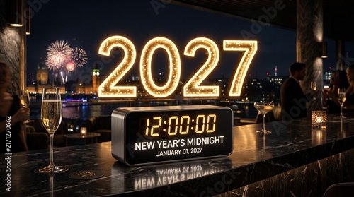 Plakat Futuristic digital clock displaying New Year’s 2027 celebration with champagne and fireworks