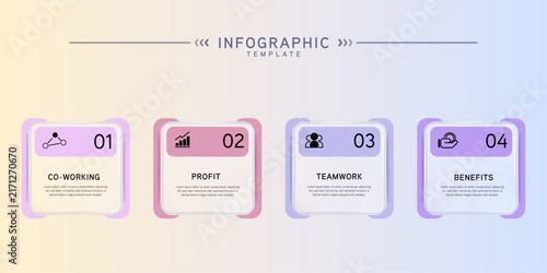Infographic labels with icons and Neomorphism 4 step. Liquid glass and Banner. Vector illustration.	