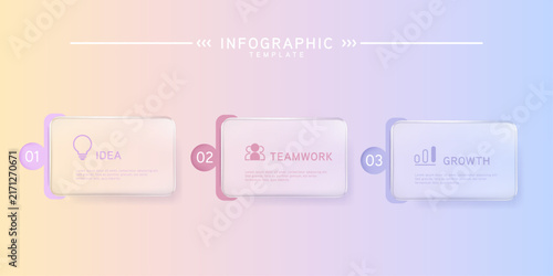 Infographic labels with icons and Neomorphism 3 step. Liquid glass and Banner. Vector illustration.	