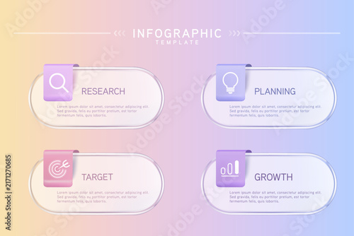 Infographic labels with icons and Neomorphism 4 step. Liquid glass and Banner. Vector illustration.	
