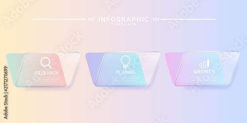 Infographic labels with icons and Neomorphism 3 step. Liquid glass and Banner. Vector illustration.	