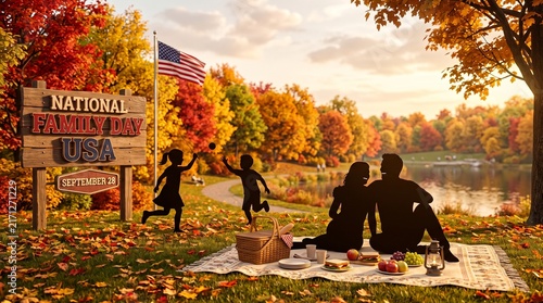 National Family Day USA Silhouette, American flag picnic scene, autumn colors, happy family running