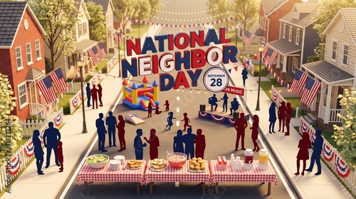 National Neighbor Day concept, community street festival illustration with bouncy castle, diverse crowd celebrating together, summer block party with food tables, American flags