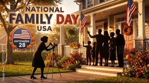 National Family Day USA, photographer capturing family portrait on porch, September 28 holiday celebration, autumn sunlight, American flag outdoors, community togetherness
