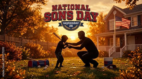 National Sons Day September 28th Memorial Tribute; Father and Son Playing Baseball in Backyard; Patriotic American Flag on House Silhouette