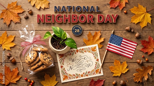 National Neighbor Day Celebration with Cookies, US Flag, and Autumn Leaves