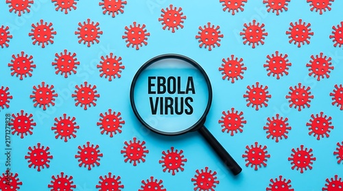 Ebola virus text under a magnifying glass on a blue background with virus icons