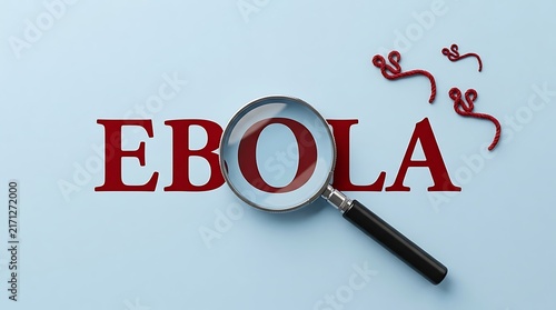 Magnifying glass over Ebola text and virus cell representation for medical research