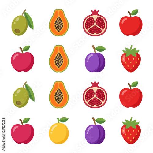 Colorful Fruit Icon Set: Apples, Pomegranates, Papayas, Olives, Plums, Strawberries