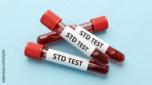Medical test tubes with blood samples labeled for STD test on blue clinical background
