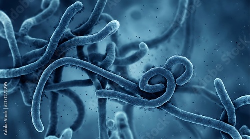 Microscopic view of ebola virus strands floating in a dark medical research laboratory background