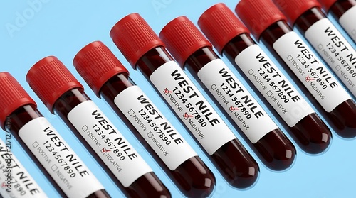 West Nile Virus Blood Test Samples in Laboratory Vials on Blue Background