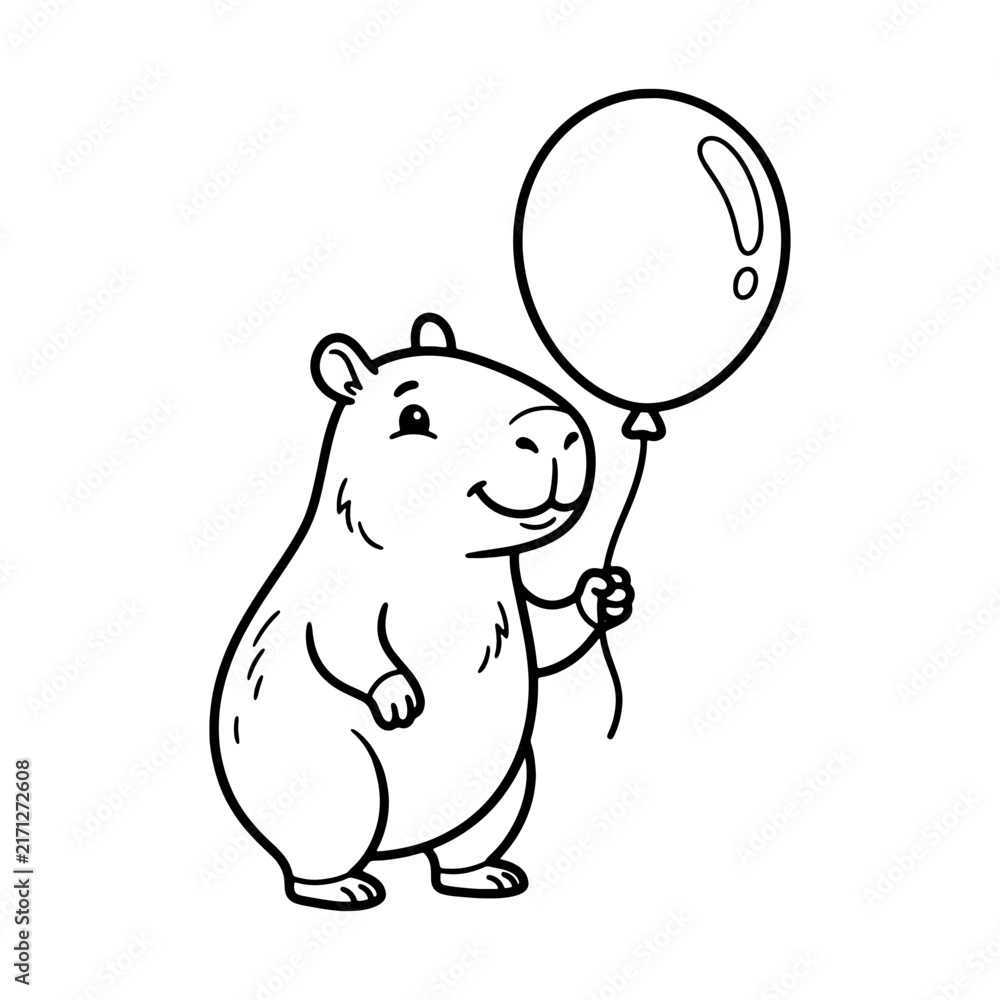 Fototapeta premium Happy Capybara holding a red balloon with a cheerful expression in simple outline style