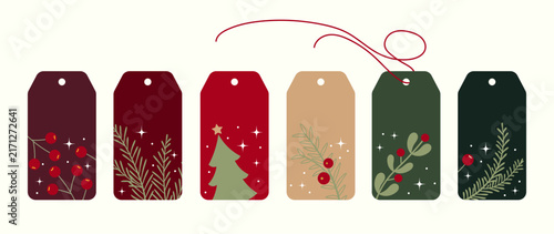 Hand drawn minimalist flat Christmas gift tags vector illustration. Cute winter holiday paper labels collection with Christmas tree, holly berries and eco pine branch design elements for festive weddi