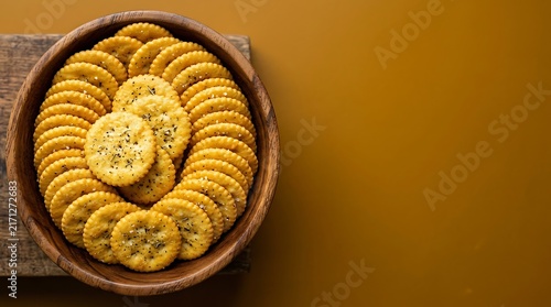 A wooden bowl filled with crispy round crackers arranged in a neat circular pattern on a brown background