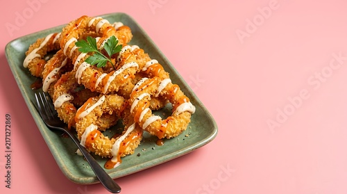 Delicious crispy fried shrimp with creamy sauce served on a green plate against a pink background