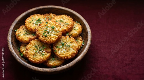 Crispy golden potato pancakes garnished with fresh herbs served in a rustic ceramic bowl on dark background