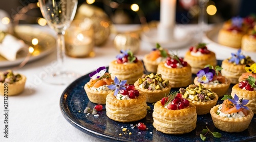 Gourmet appetizer board with savory puff pastry vol-au-vents for festive holiday catering